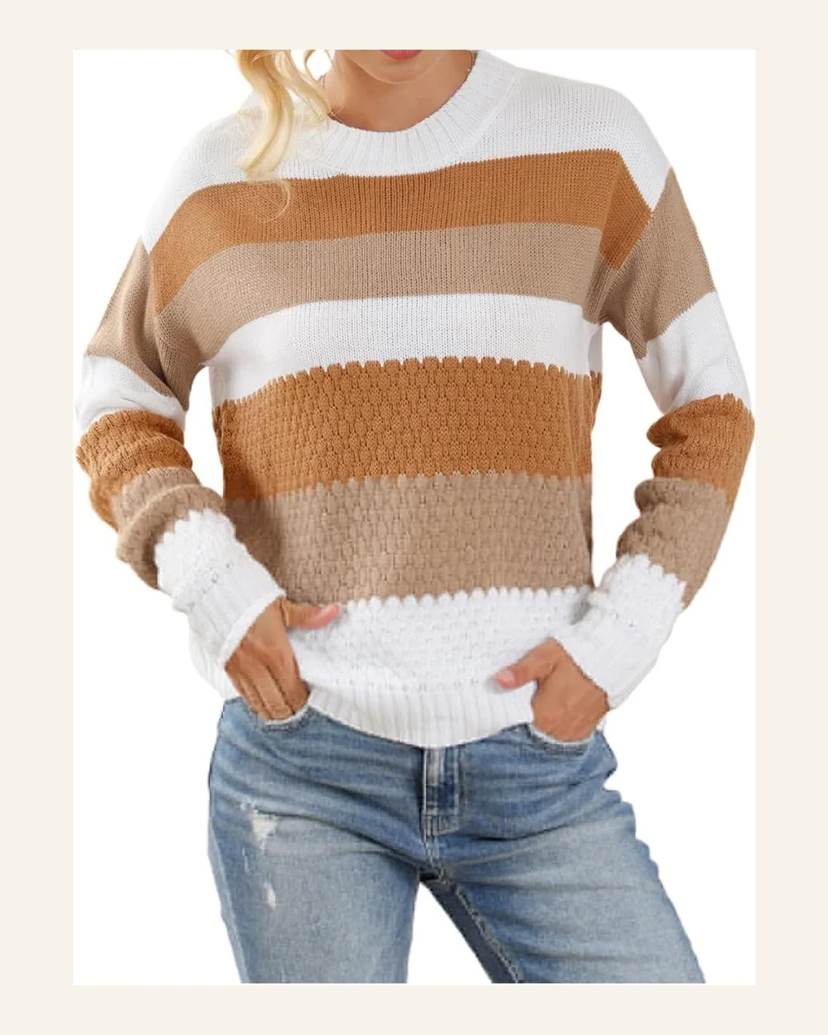 Pullover Sweater Tops Casual Chestnut Striped Cable Knit by SELINK