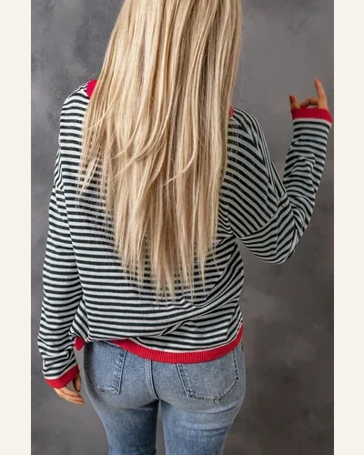 Pullover Sweater Tops Casual Contrast Trimmed Striped Drop, view 2