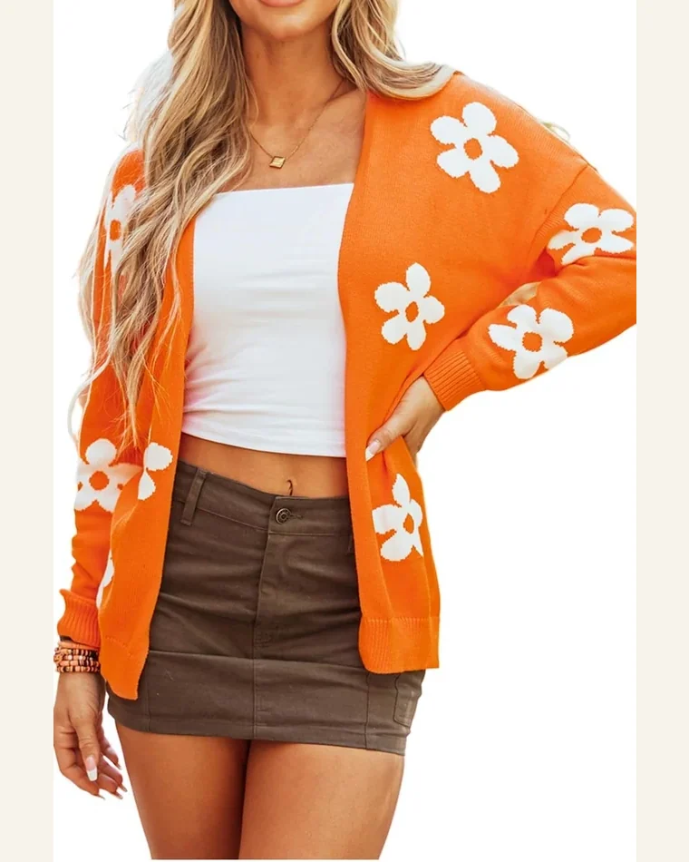 Cardigan Sweater Casual Orange Floral Print Knitted Open by SELINK