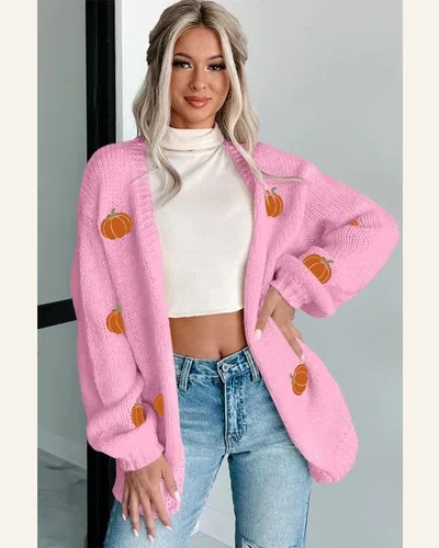 Casual Pink Pumpkin Print Cardigan Sweater Open Front, view 3