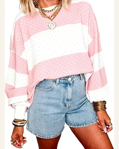 Casual Polka Dot Colorblock Patchwork Long Sleeve Tops, view 4