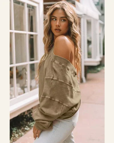 Casual Khaki Exposed Seam Twist Open Back Oversized Sweatshirt, view 3