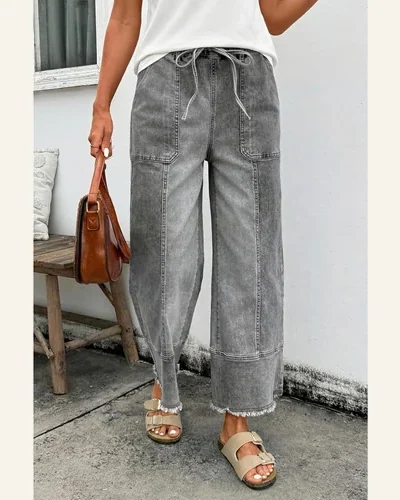 Wide Leg Jeans High Waisted Seam Drawstring Raw, view 3