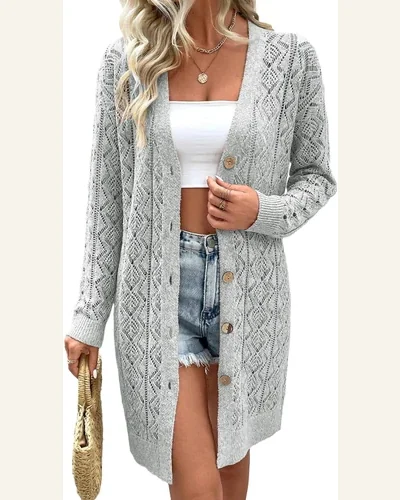 Cardigan Sweater Casual Gray Hollow Out Buttons Front, view 1