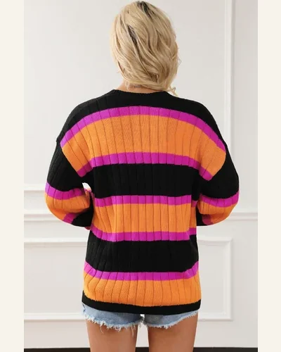 Cardigan Sweater Casual Black Striped Colorblock Drop Shoulder, view 2