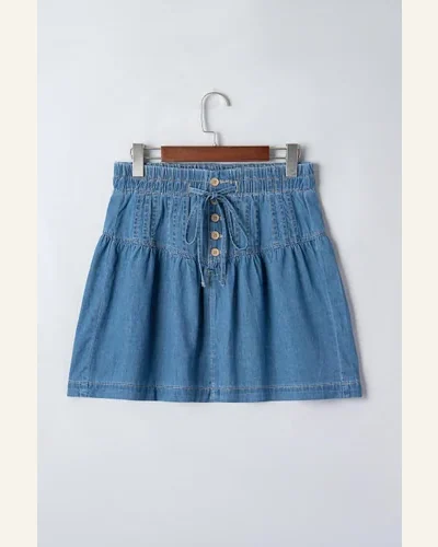 Casual Sky Blue Half Buttons Pleated Denim Mini Jeans, view 3