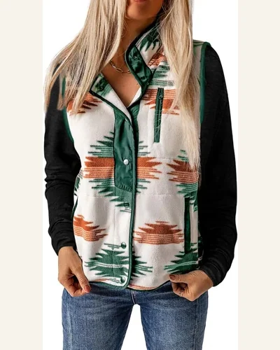 Fleece Vest Aztec Sleeveless Snap Button Down Jacket, view 1