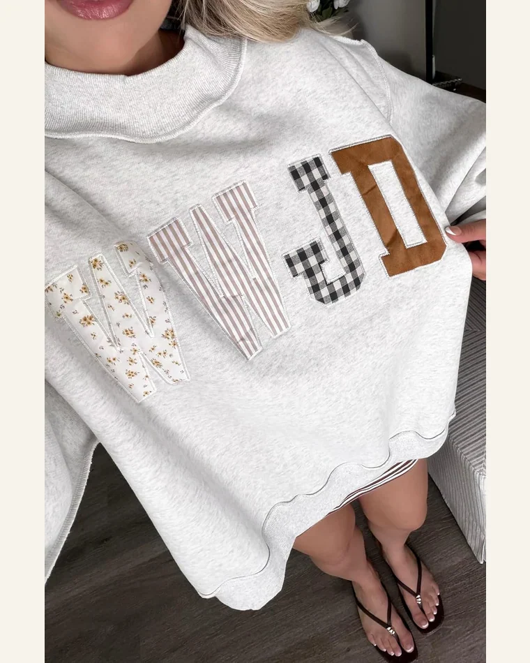 WWJD Embroidered Graphic Mock Neck Sweatshirt Top by SELINK, view 2