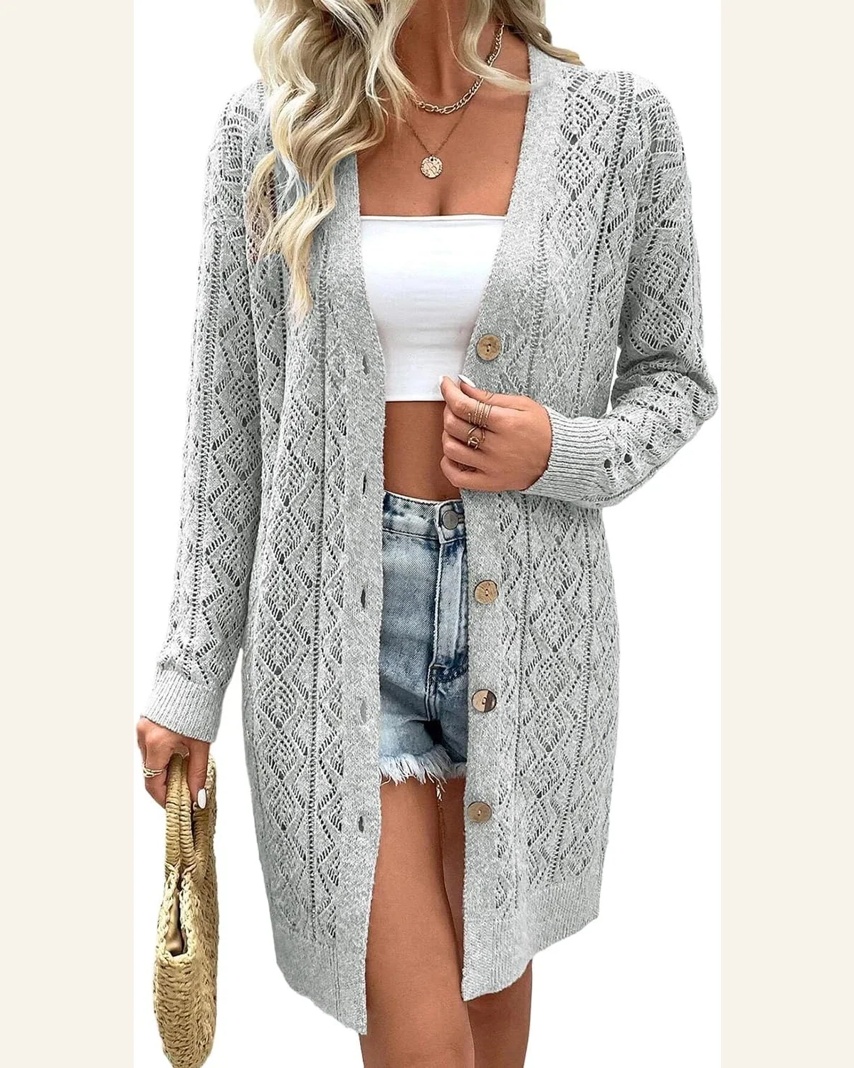 Cardigan Sweater Casual Gray Hollow Out Buttons Front by SELINK