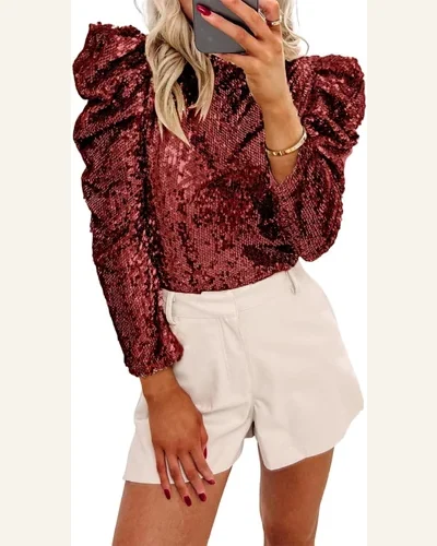 Tunic Tops Casual Burgundy Sequin Mock Neck Bubble, view 1