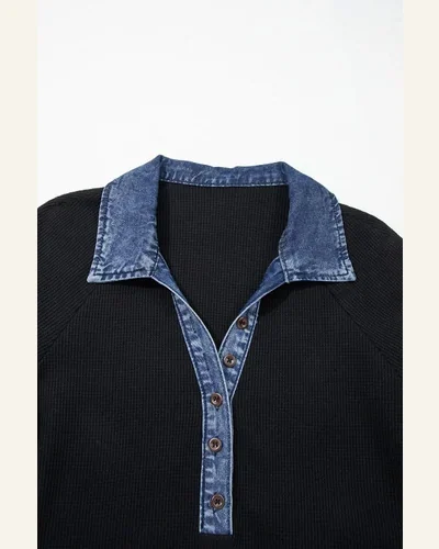 Waffle Knit Polo Shirt Contrast Denim Patchwork Top, view 4