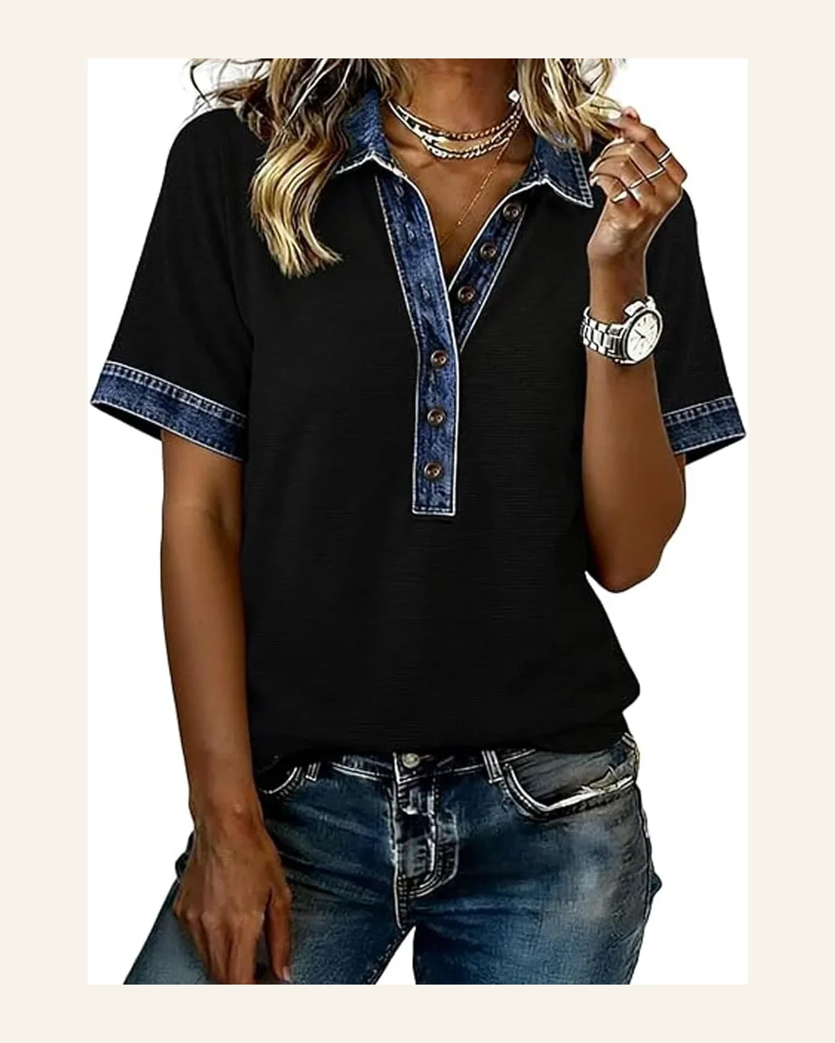 Waffle Knit Polo Shirt Contrast Denim Patchwork Top by SELINK