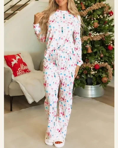 Christmas Pajamas Santa Claus Striped Print Long Sleeve Set, view 3
