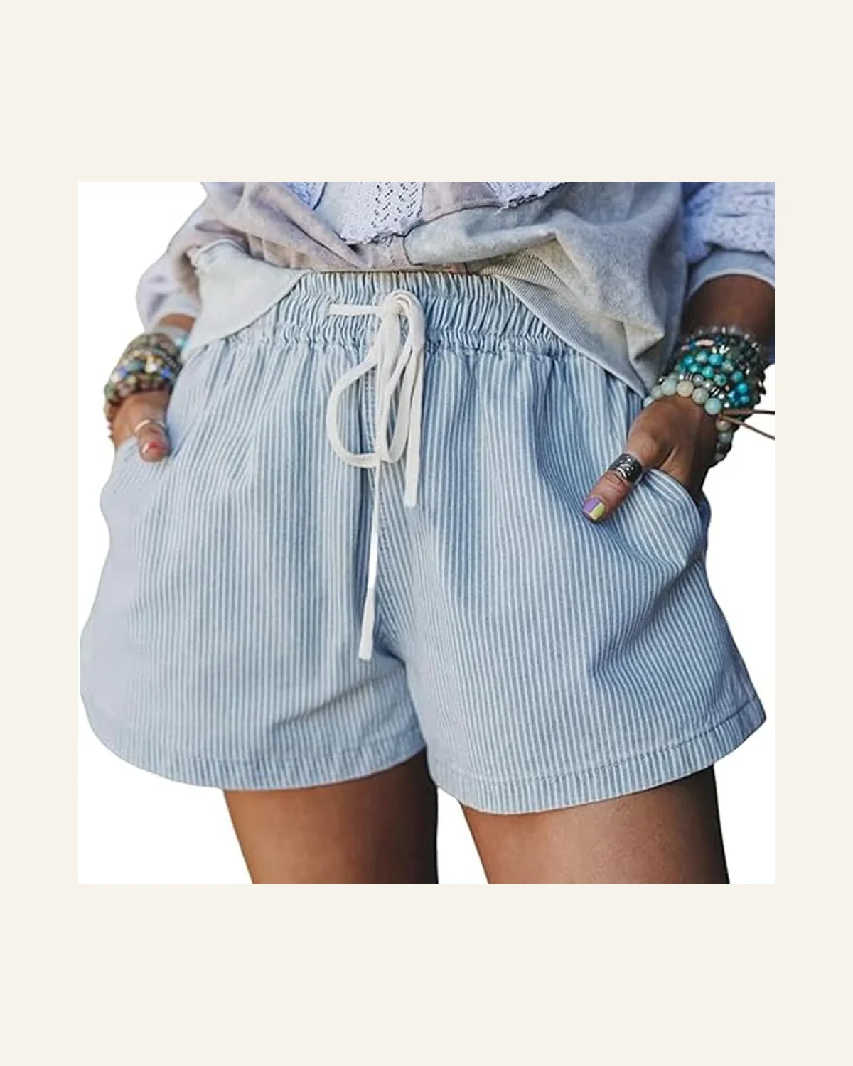 Casual Sky Blue Stripe Drawstring Denim Shorts by SELINK