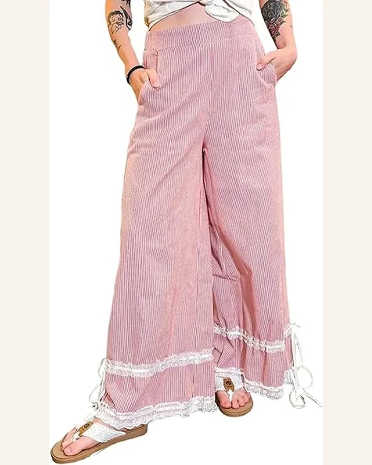 Casual Red Stripe Pants Contrast Lace Ribbon Tie by SELINK