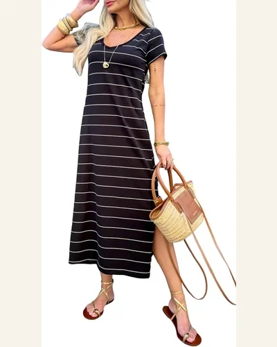 Casual Loose Black Stripe Side Slit Maxi Top, view 1