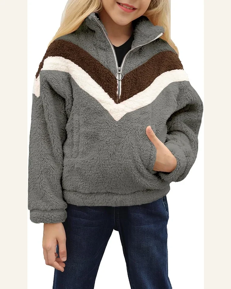 Girls Fuzzy Fleece Pullover Stripe Color Block Half by SELINK