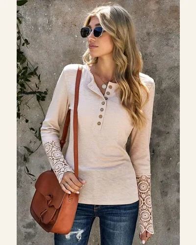 Tunic Tops Casual Beige Crochet Lace Hem Sleeve, view 3