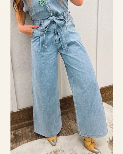 Casual High Waisted Jeans Bow Knot Sash Shift, view 3