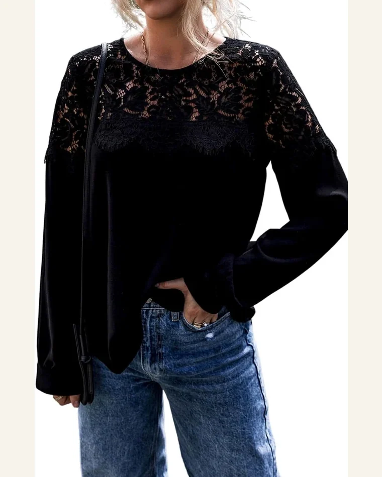 Tunic Tops Elegant Black Lace Crochet Patchwork by SELINK