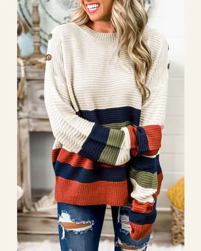 Pullover Sweater Tops Casual White Buttoned Shoulder Drop, view 3