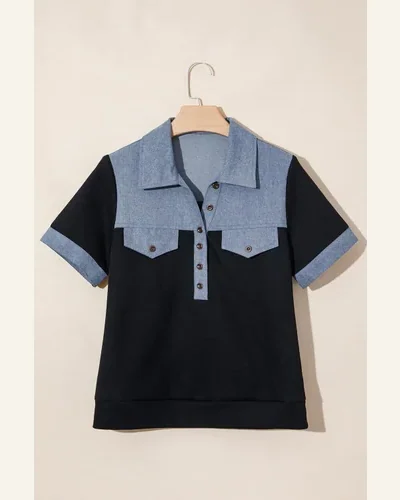Waffle Knit Denim Patchwork Button Down Polo Top, view 3