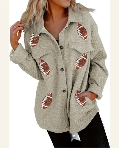Shacket Jacket Casual Beige Sequin Rugby Football Quilted, view 1
