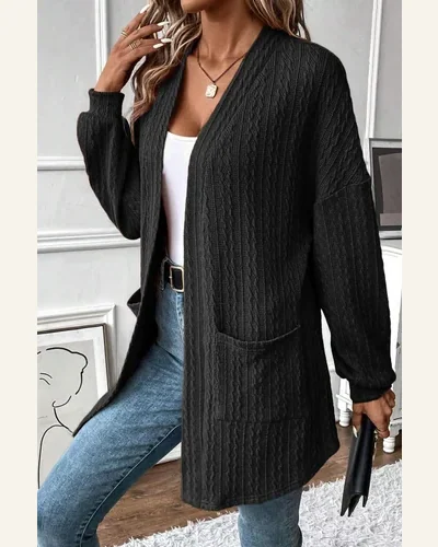Cardigan Sweater Casual Black Textured Knit Side Pockets, view 2
