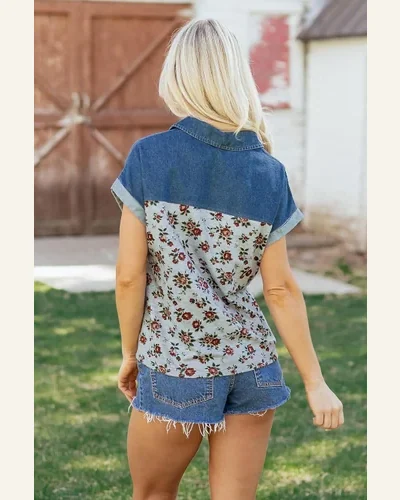 Retro Floral Print Denim Patchwork Polo T-Shirt, view 2