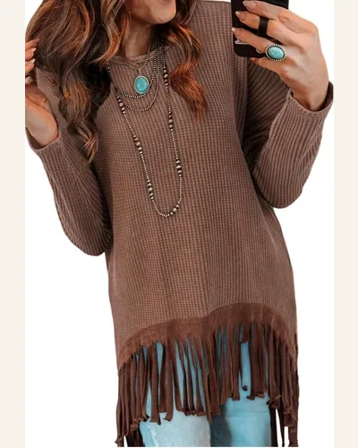 Tunic Tops Western Coffee Waffle Knit Fringed High, view 1