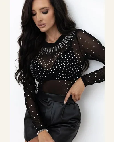 Bodysuit Black Rhinestone Sheer Mesh Long Sleeve Bodysuit, view 4