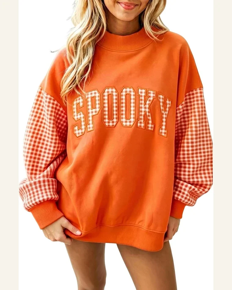 Oversized Mockneck Sweatshirt Plaid Letter Print Pullover Top by SELINK