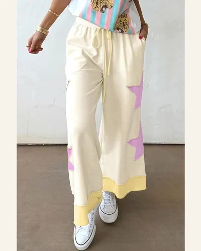 Summer Color Block Star Patchwork Palazzo Wide Leg Pants, view 3