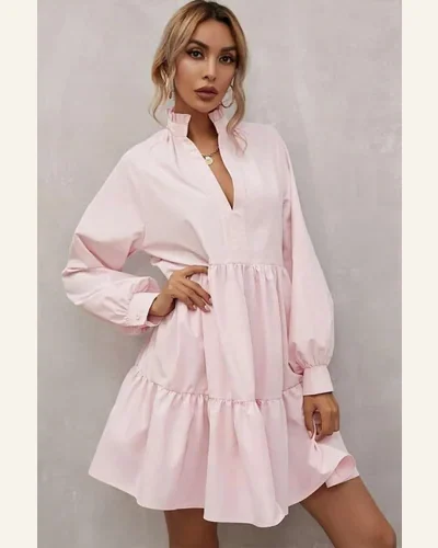 Fall Dresses Elegant Pink Frilled Stand Collar Long, view 3