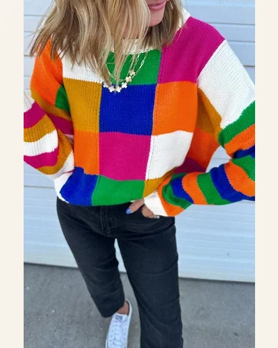 Casual Orange Checkered Color Block Round Neck Pullover, view 2
