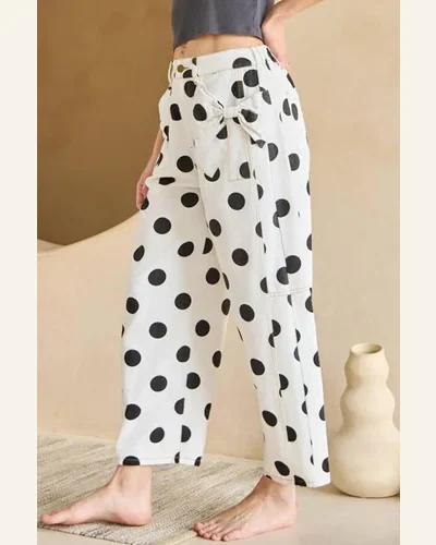 Casual Loose White Polka Dot Print Bow Pocketed Jeans, view 3