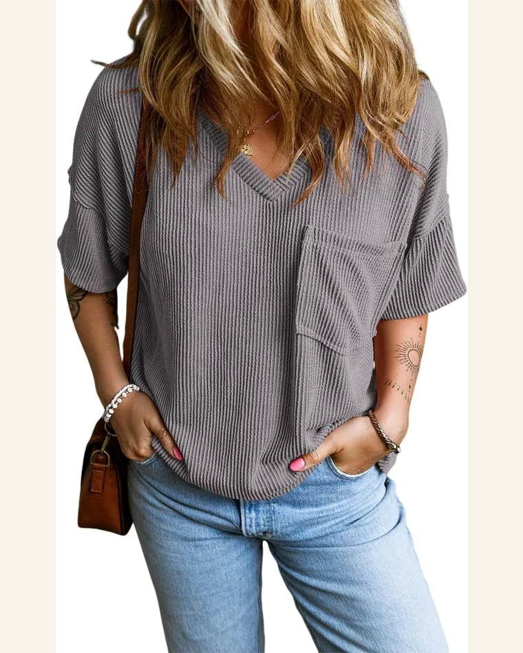 Short Sleeve T Shirt Casual Light Grey Corded by SELINK