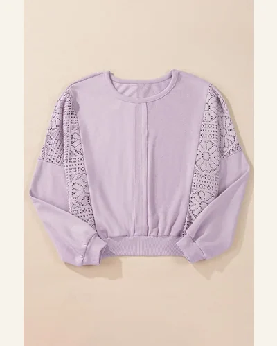 Casual Orchid Petal Knit Crochet Exposed Seam Ribbed Sweatshirt, view 3