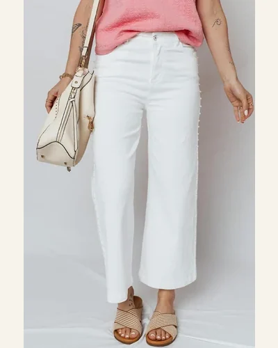 Casual White Pearl Embellished Side Seam Ankle-Length Jeans, view 4
