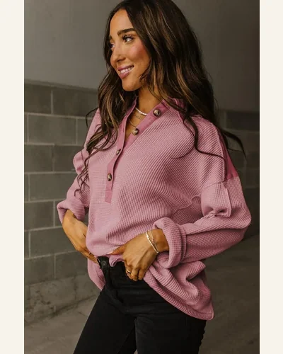 Tunic Tops Casual Pink Waffle Long Sleeve Collar, view 3