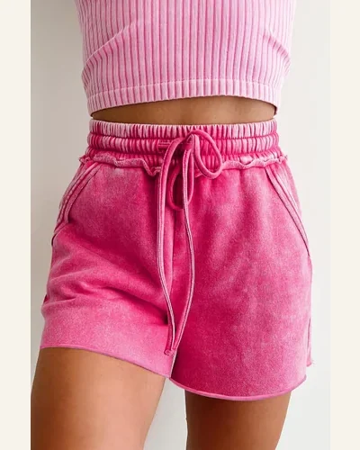 Casual Rose Red Mineral Washed Drawstring Elastic Waist Shorts, view 2