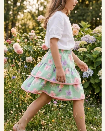 Big Girls Mint Green Tropical Hibiscus Floral Skirt, view 3