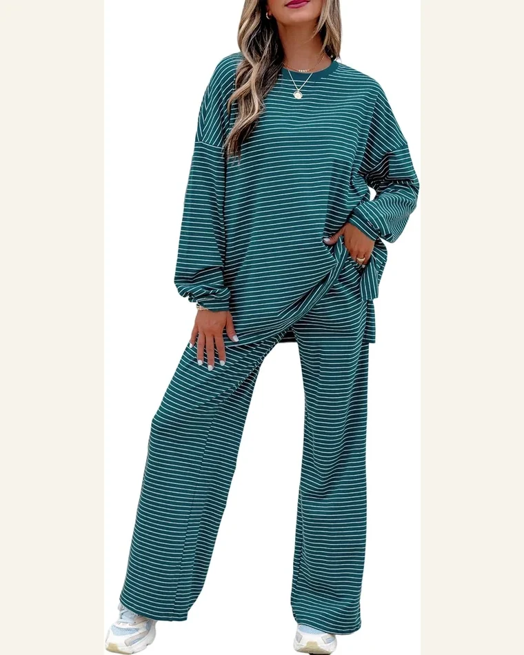 Striped Long Sleeve Tops Wide Leg Pants Comfy by SELINK