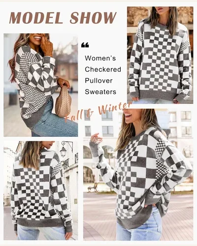 Crewneck Sweaters Long Sleeve Checkered Loose Knitted Pullover, view 3