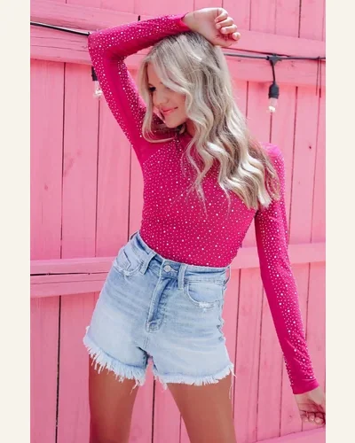 Bodysuit Casual Rose Rhinestone O-neck Long Sleeve Bodysuit, view 4