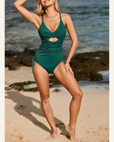 One Piece Bathing Suit Tummy Control Ribbed Cutout, view 4