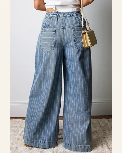 Casual Sky Blue Stripe Button Pleated Jeans Drawstring, view 2