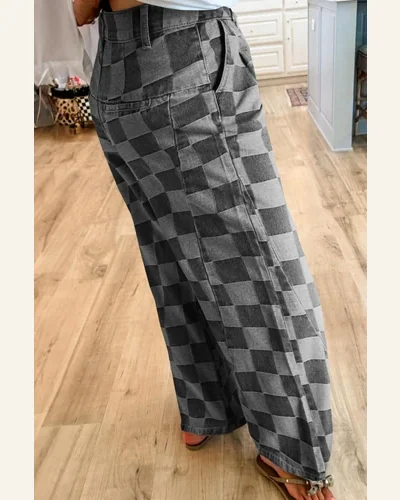 High Waisted Checkered Jeans Casual Dusk Wide Leg, view 2