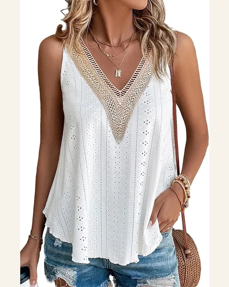 V Neck Lace Crochet Tank Tops Loose Fit by SELINK