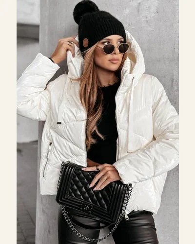 Shacket Jacket Casual White Solid Quilted Hooded Zip, view 3